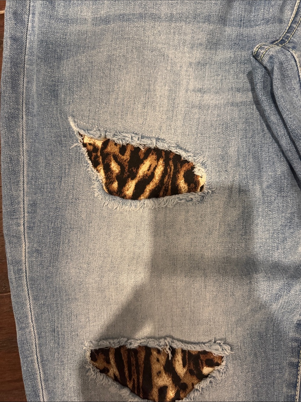 Women's Light Blue Distressed Jeans with Leopard Patch Detail - Picture 4 of 5